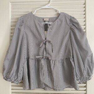 NWT A New Day Women's Balloon 3/4 Sleeve Tie-Front Blouse Black Striped XS